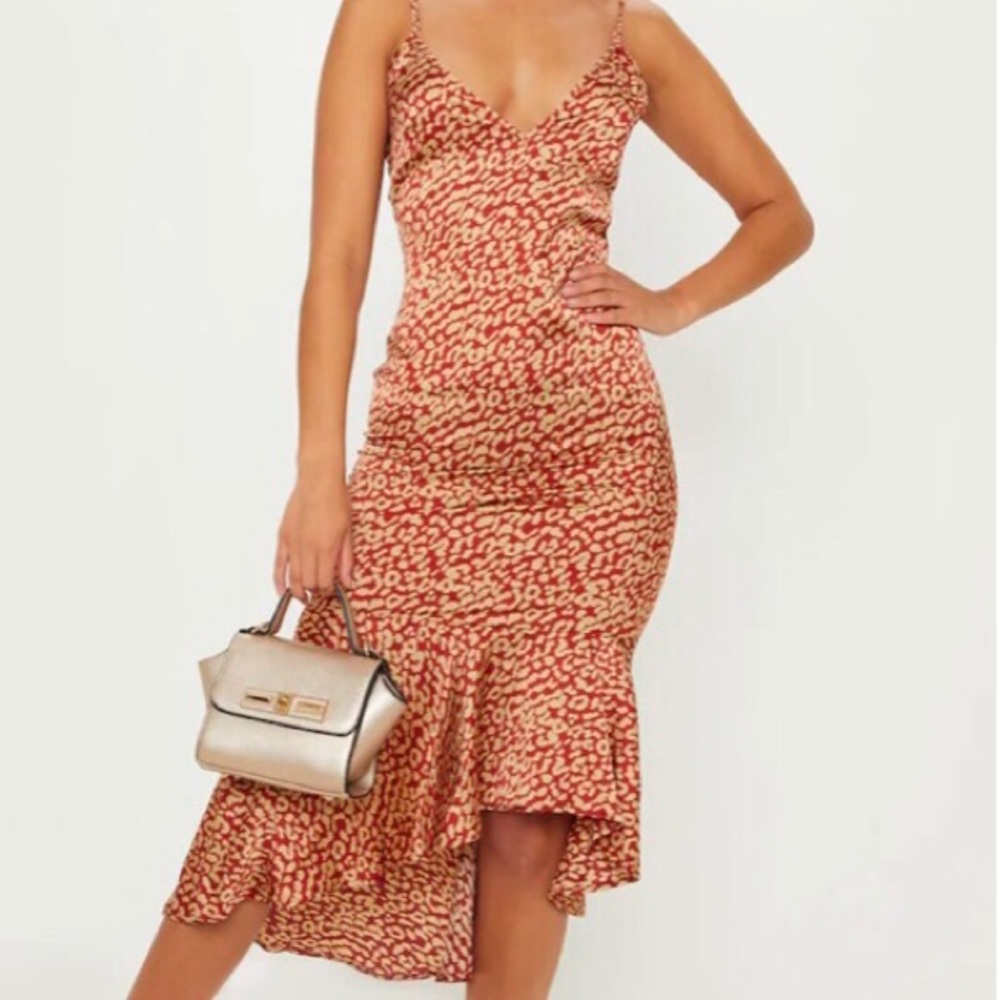 Red Leopard Print Frill Hem Midi Dress